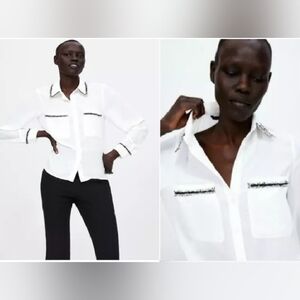 ZARA ECRU FLOWING SHIRT BLOUSE WITH CONTRAST TRIMS SIZE XS